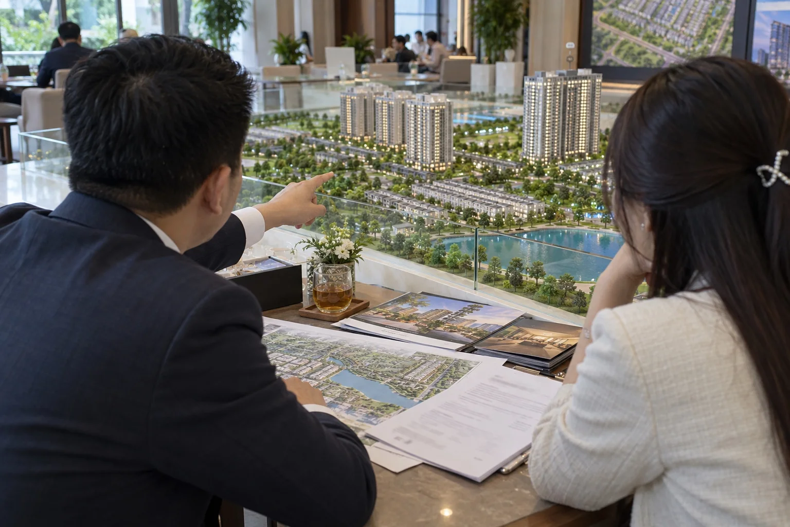 Đại diện dự án trao đổi chi phí bên sa bàn khu đô thị tại nhà mẫu