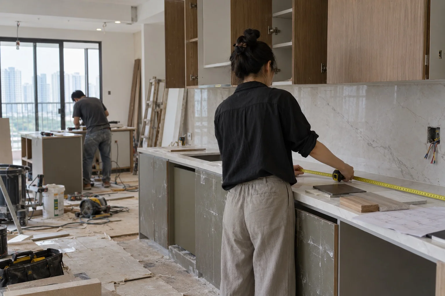 Kiến trúc sư đo quầy bếp trong căn hộ đang hoàn thiện nội thất