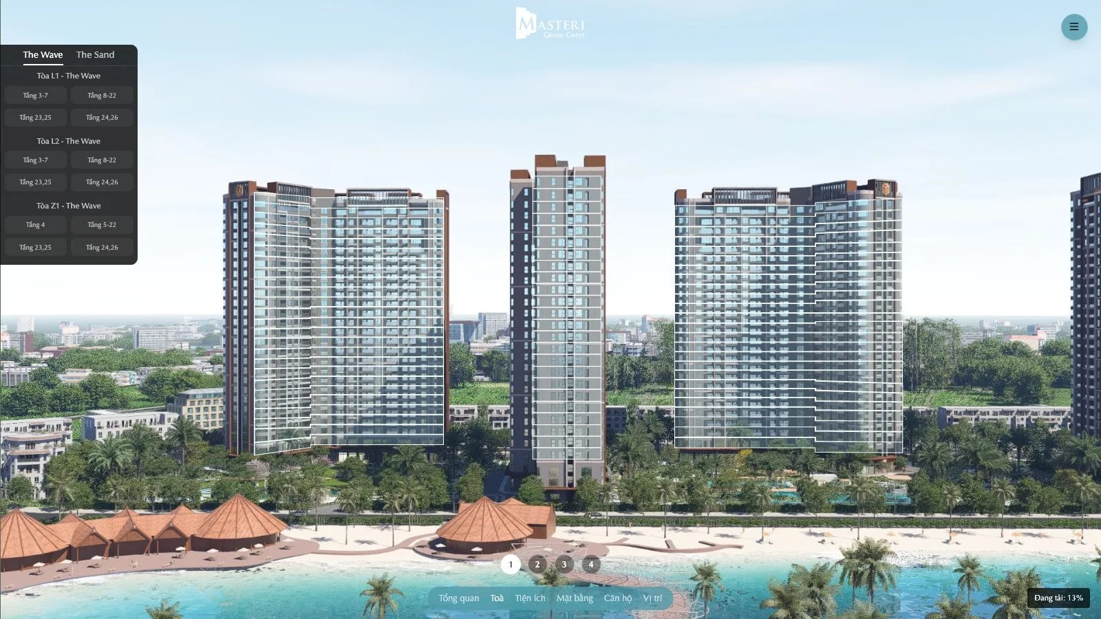 Mục Toà trong tour 360 Masteri Grand Coast chọn toà L1, L2, Z1 và nhóm tầng
