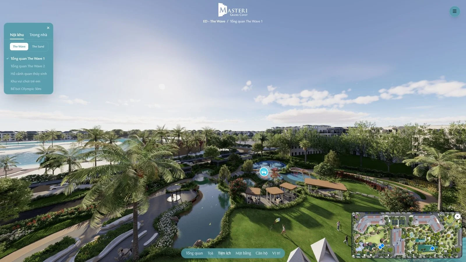 Mục Tiện ích trong tour 360 Masteri Grand Coast với hồ thủy sinh, bể bơi Olympic