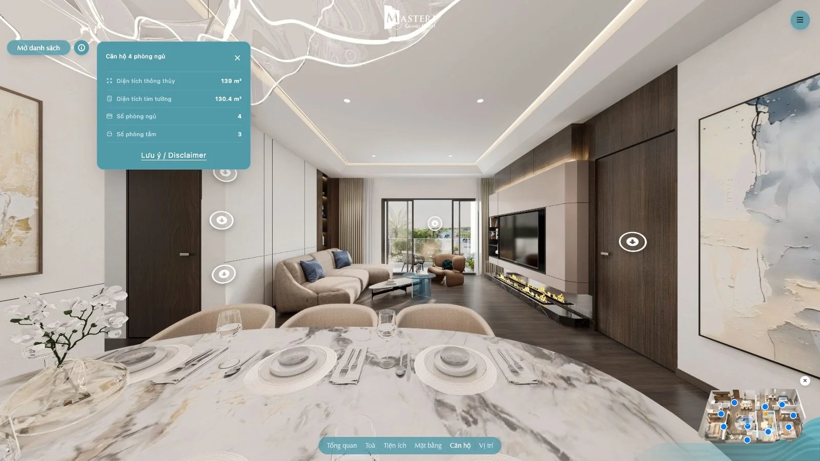 Căn hộ 4 phòng ngủ trong tour 360 Masteri Grand Coast với bảng diện tích thông thủy 139 m²