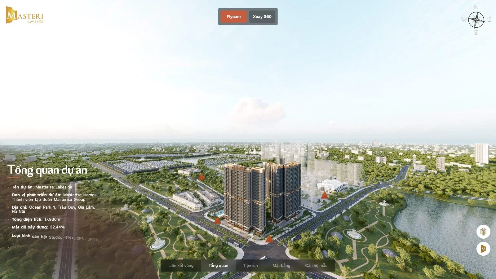 Tab Tổng quan tour 360 Masteri Lakeside với flycam và bảng thông tin
