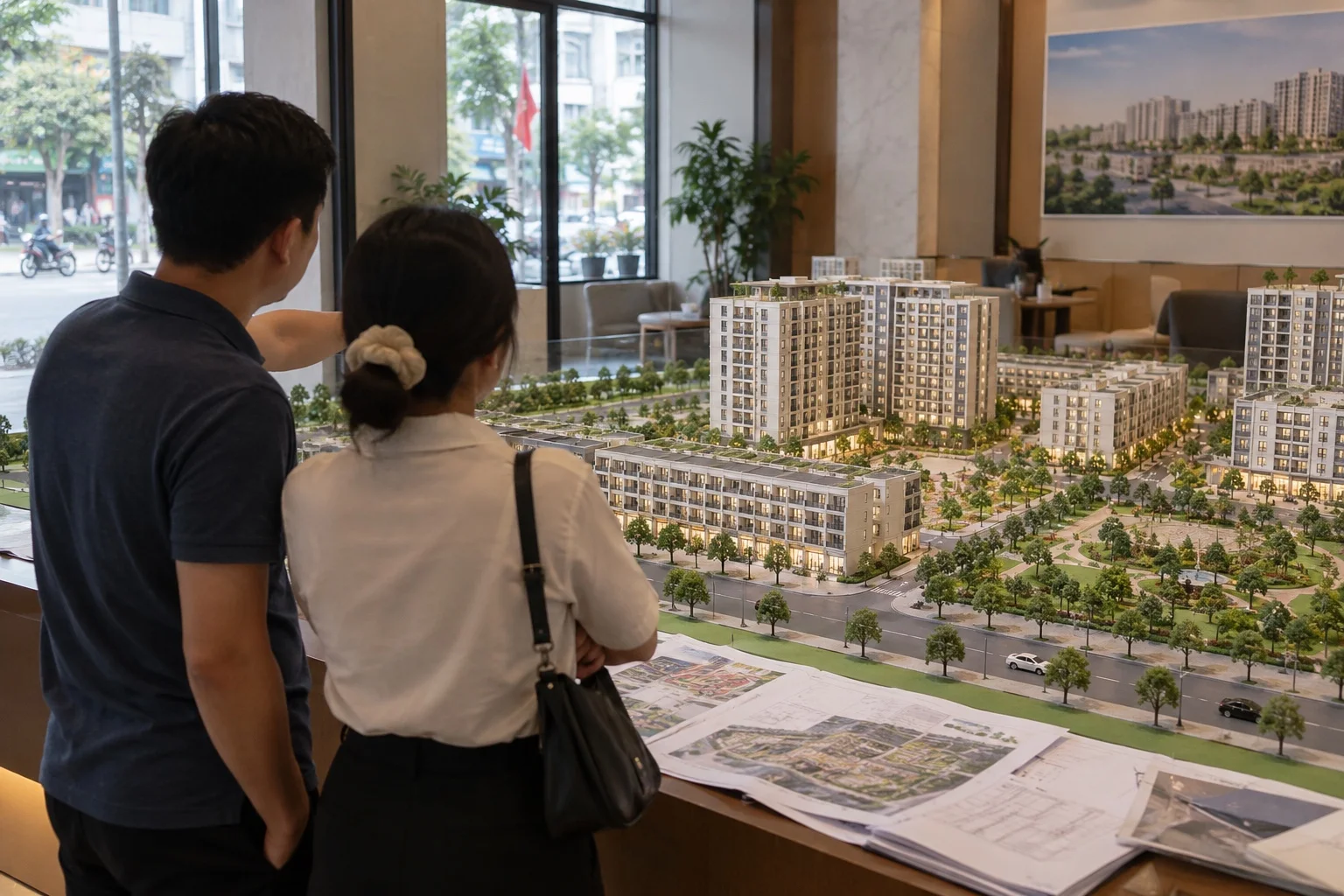 Sa bàn khu đô thị thể hiện khối nhà ở xã hội bên cạnh tiện ích chung