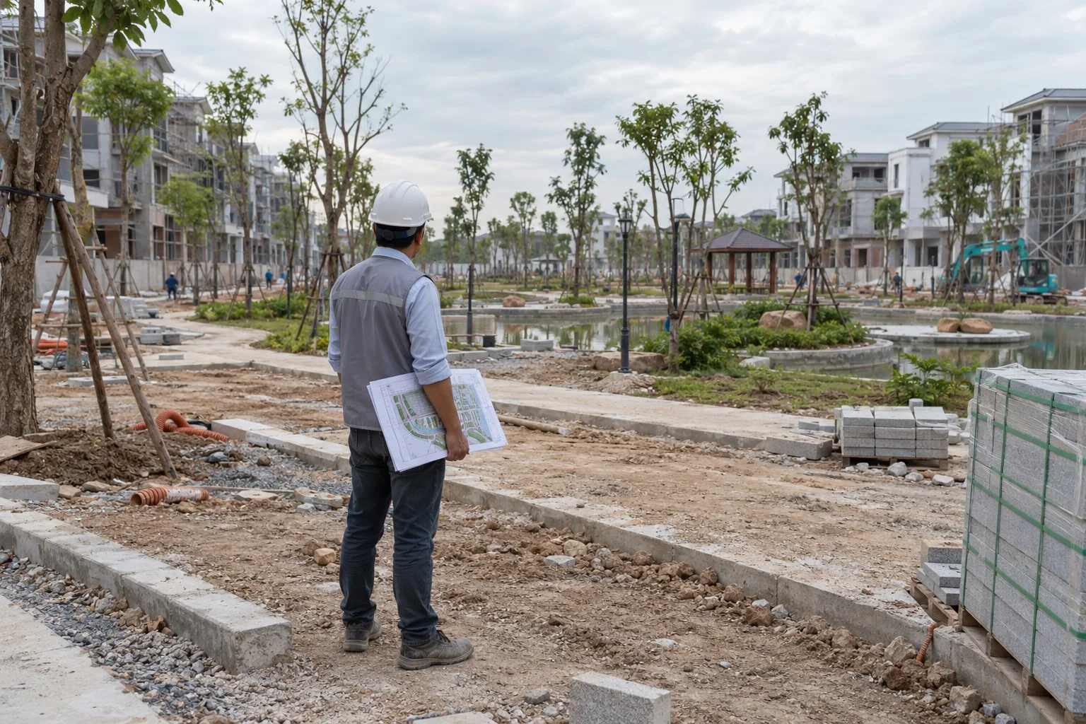 Khảo sát vị trí công viên giữa các dãy nhà trong khu đô thị