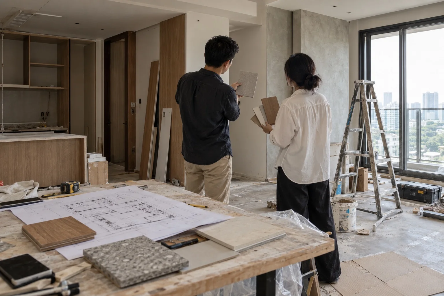 Kiến trúc sư cùng khách duyệt mẫu vật liệu trong căn hộ đang hoàn thiện