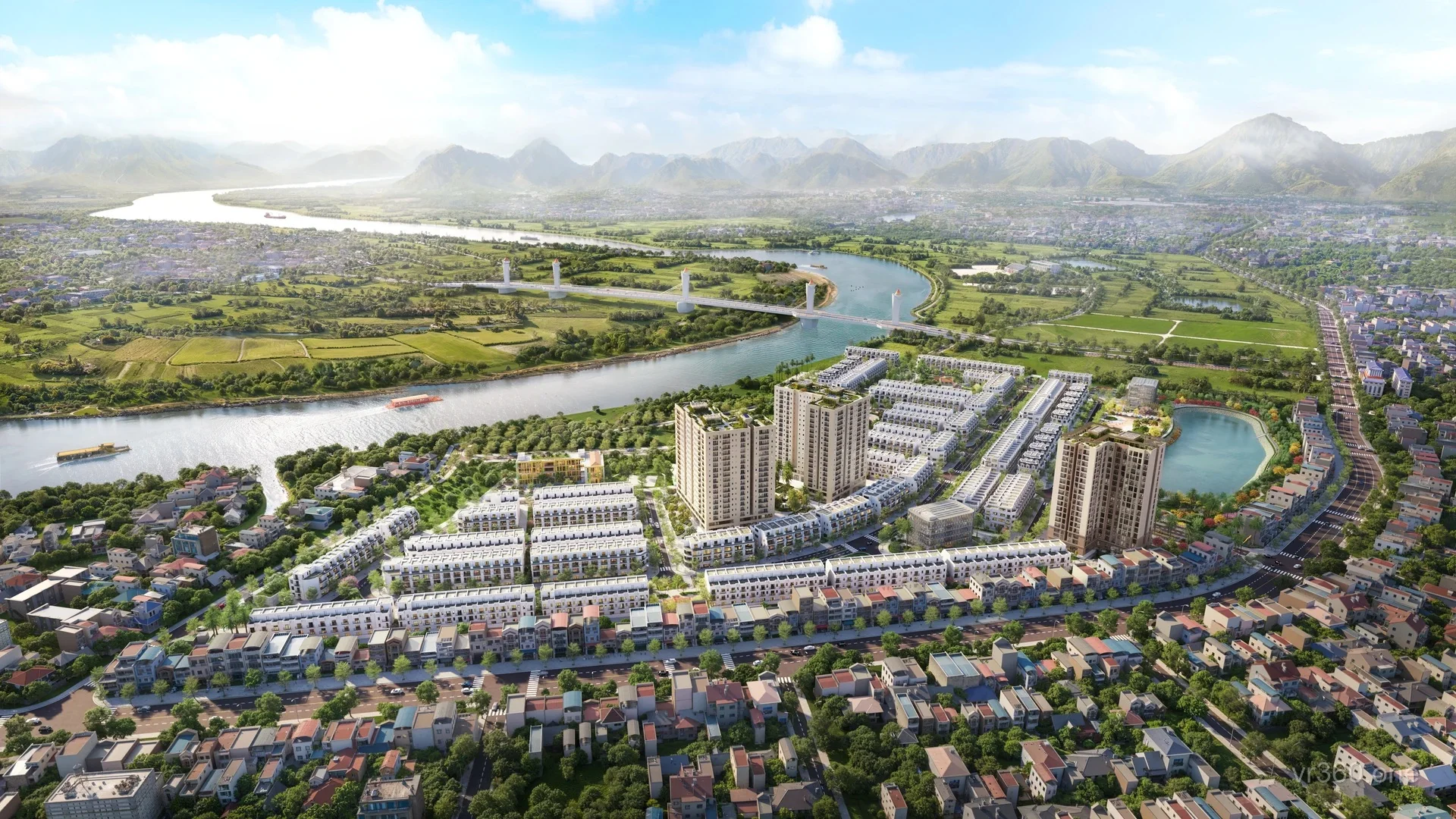 Phối cảnh 3D tổng thể Sơn Phúc Green City nhìn từ cầu Tình Húc