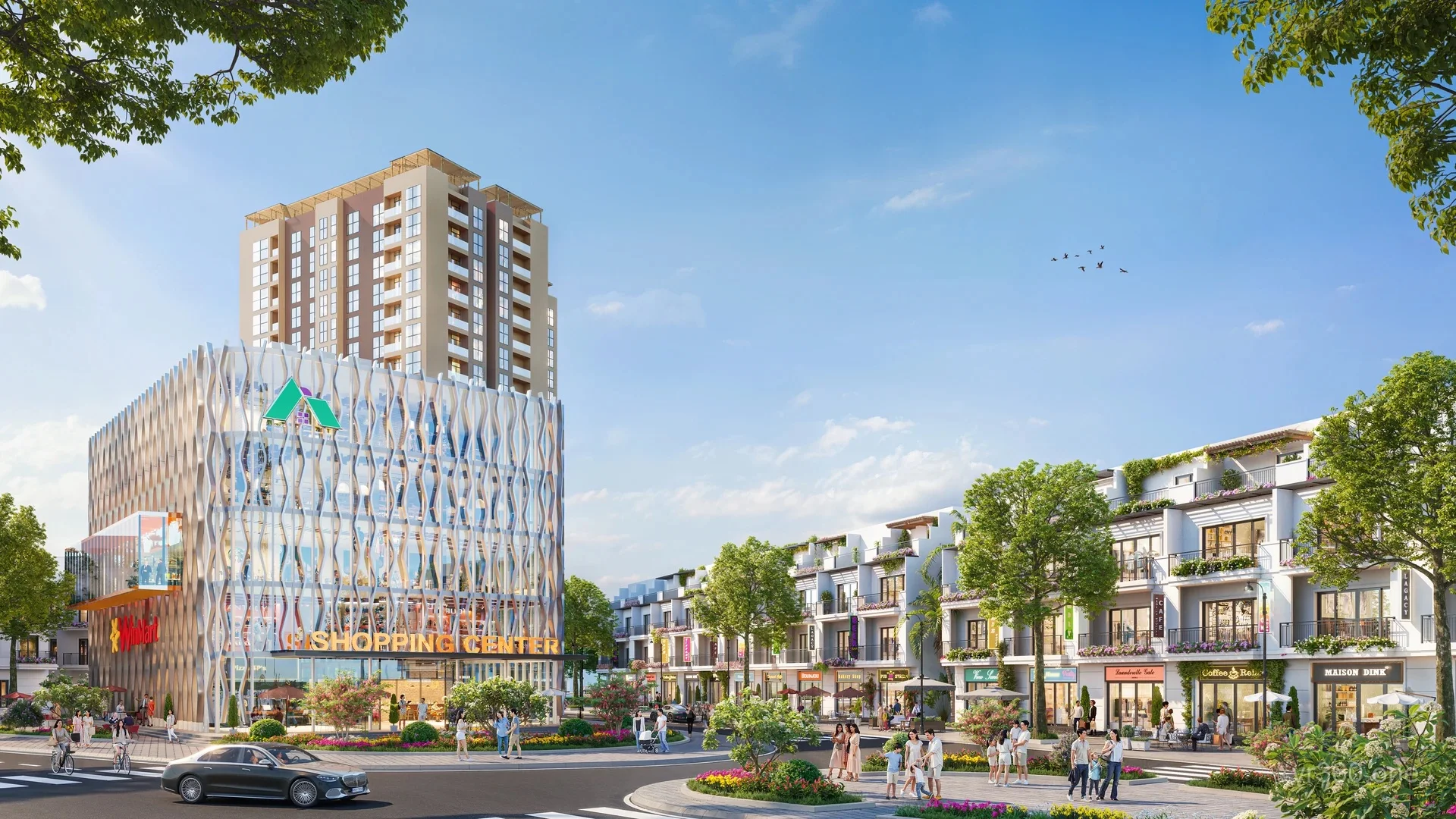 Phối cảnh 3D dãy liền kề nhìn từ trung tâm thương mại Sơn Phúc Green City