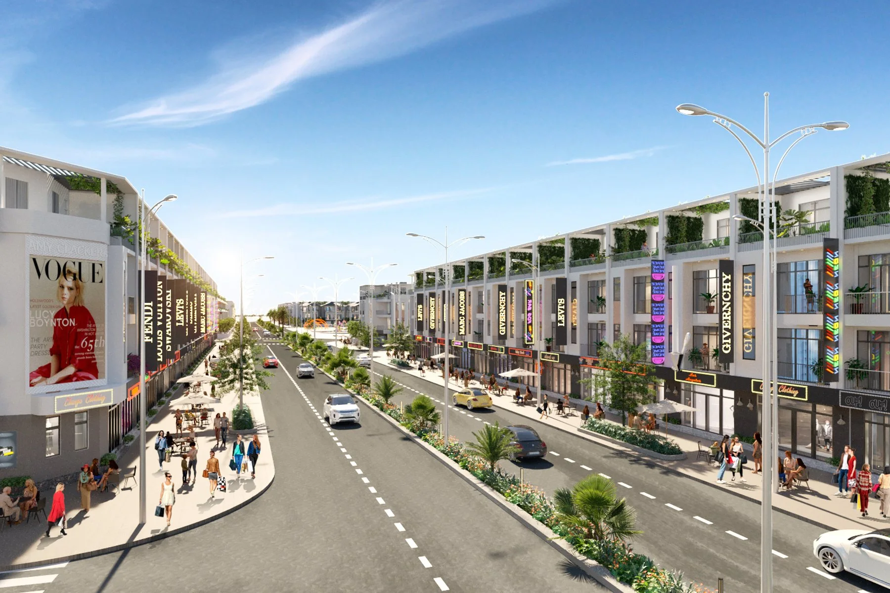 Phối cảnh dãy shophouse nhiều tầng dọc tuyến phố thương mại, có cửa hàng và xe cộ.