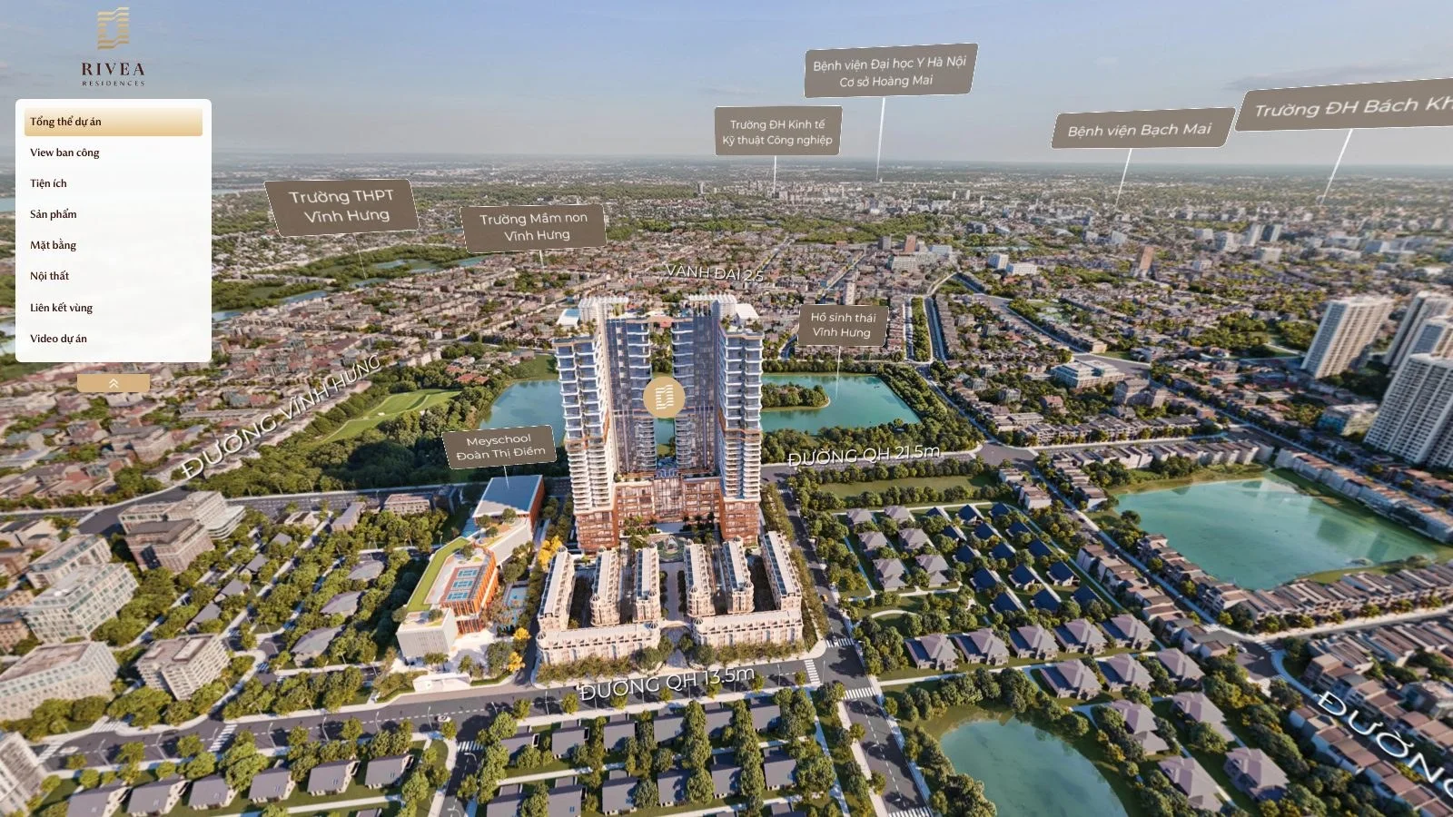 Màn hình đầu tour 360 Rivea Residences: tổng thể dự án và thanh menu 8 mục