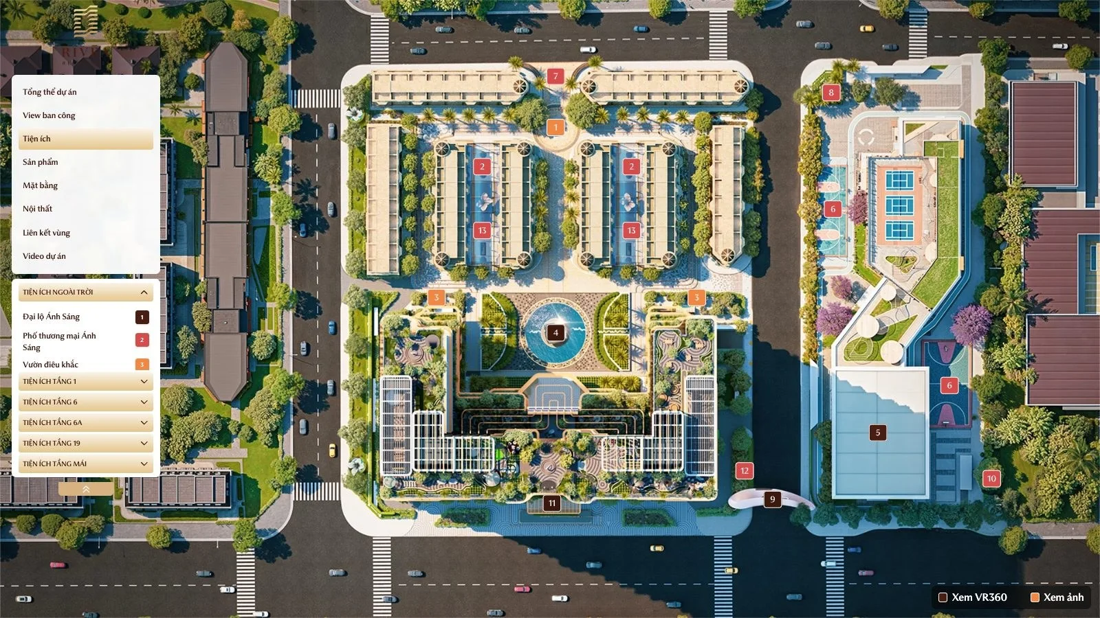 Mục Tiện ích tour 360 Rivea Residences với danh sách tiện ích ngoài trời đánh số