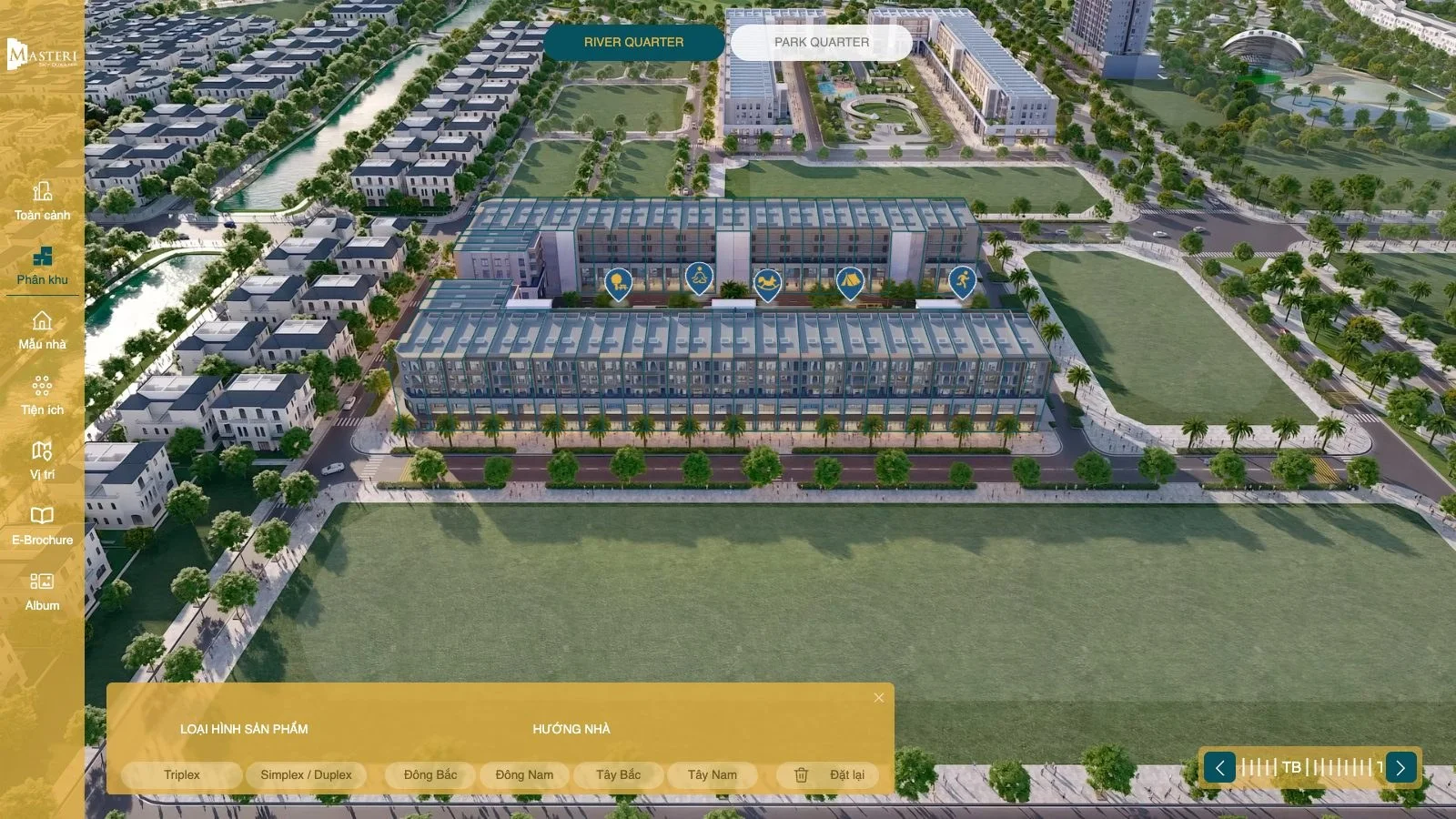 Mục Phân khu tour 360 Masteri Sky Quarter có la bàn 8 hướng và bộ lọc hướng nhà, loại hình