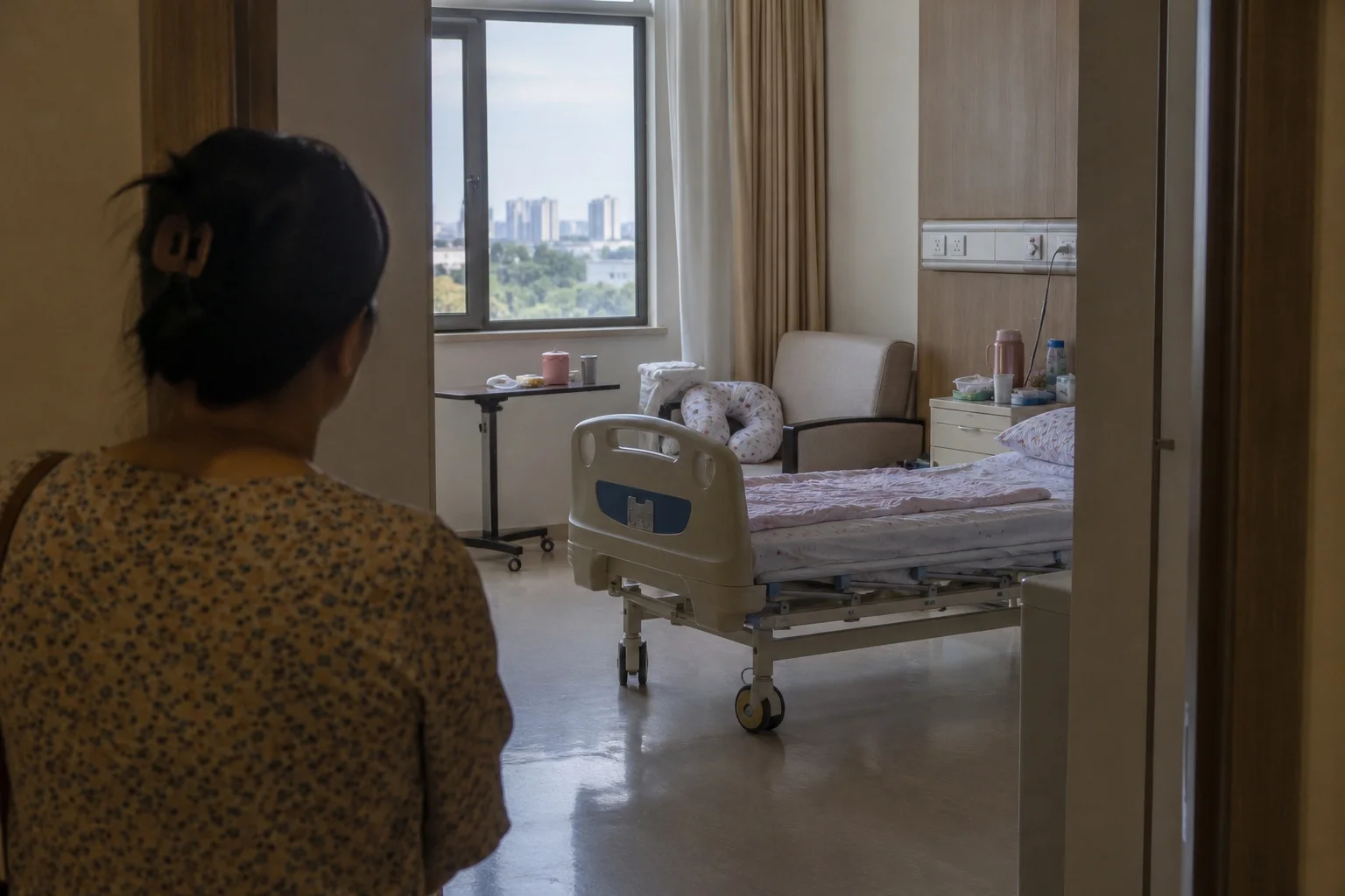 Người nhà nhìn vào phòng lưu trú sản phụ giản dị từ hành lang