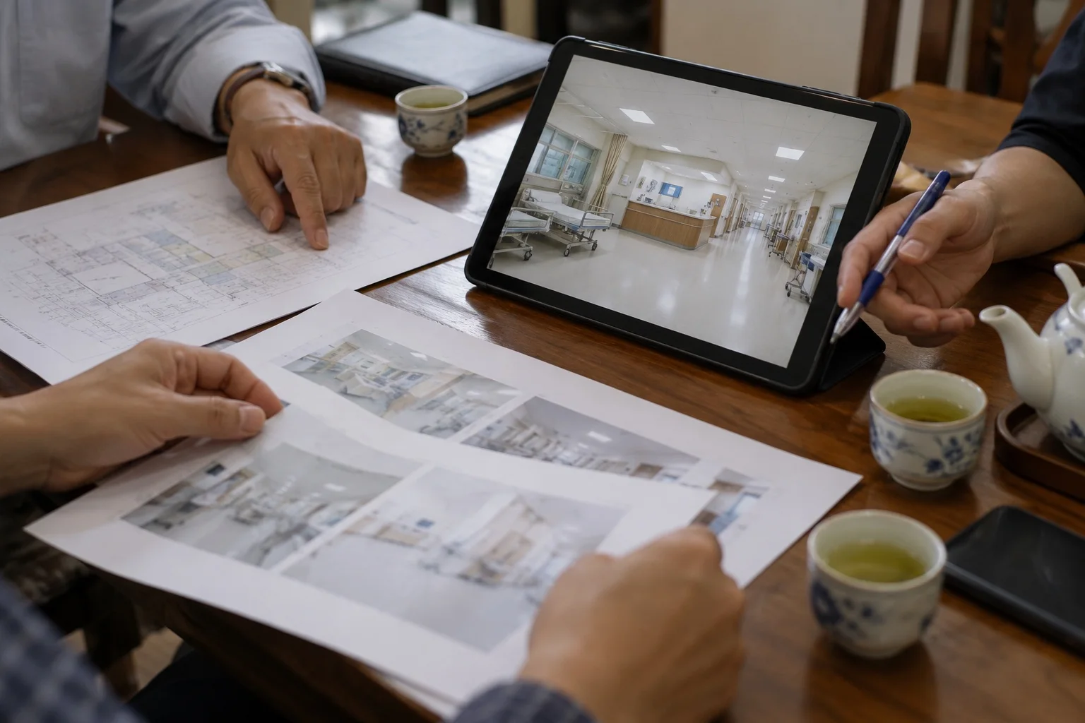 Bàn tay rà soát bản in và ảnh toàn cảnh bệnh viện trên máy tính bảng