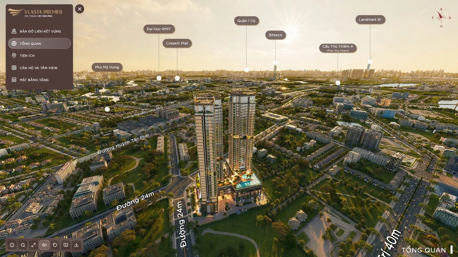 Mục Tổng quan tour 360 Vlasta Premier Phú Thuận: cảnh flycam với các mốc xung quanh