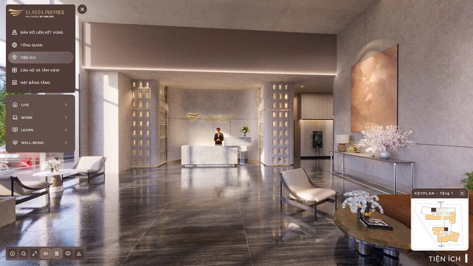 Mục Tiện ích tour 360 Vlasta Premier với nhóm Live, Work, Learn, Well-being và keyplan tầng
