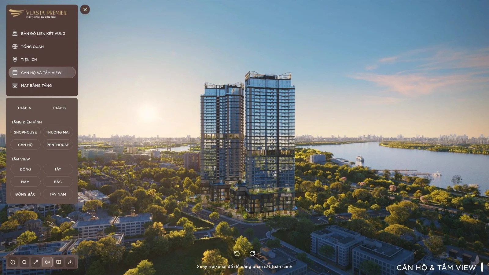 Mục Căn hộ và tầm view: mô hình tòa tháp xoay 360, chọn tháp A, tháp B và hướng view