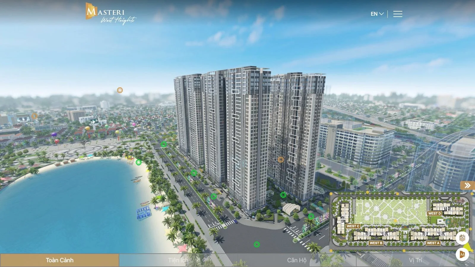 Màn hình đầu tour 360 Masteri West Heights với menu Toàn Cảnh, Tiện ích, Căn Hộ, Vị Trí