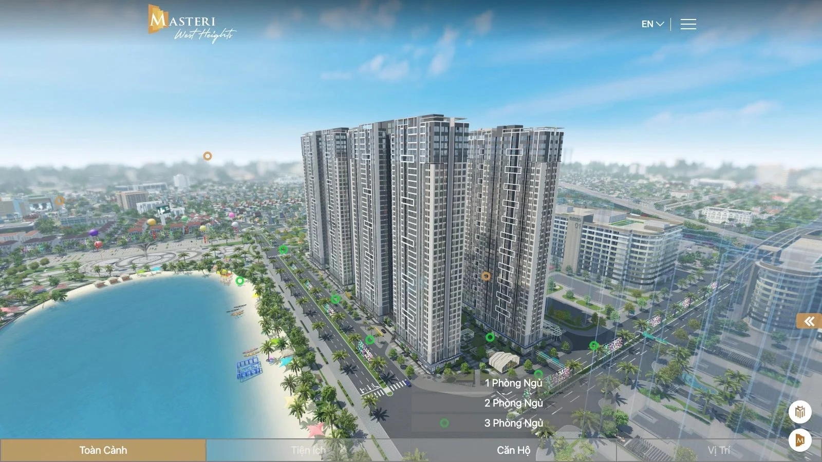 Mục Căn Hộ tour 360 Masteri West Heights với căn 1, 2, 3 phòng ngủ