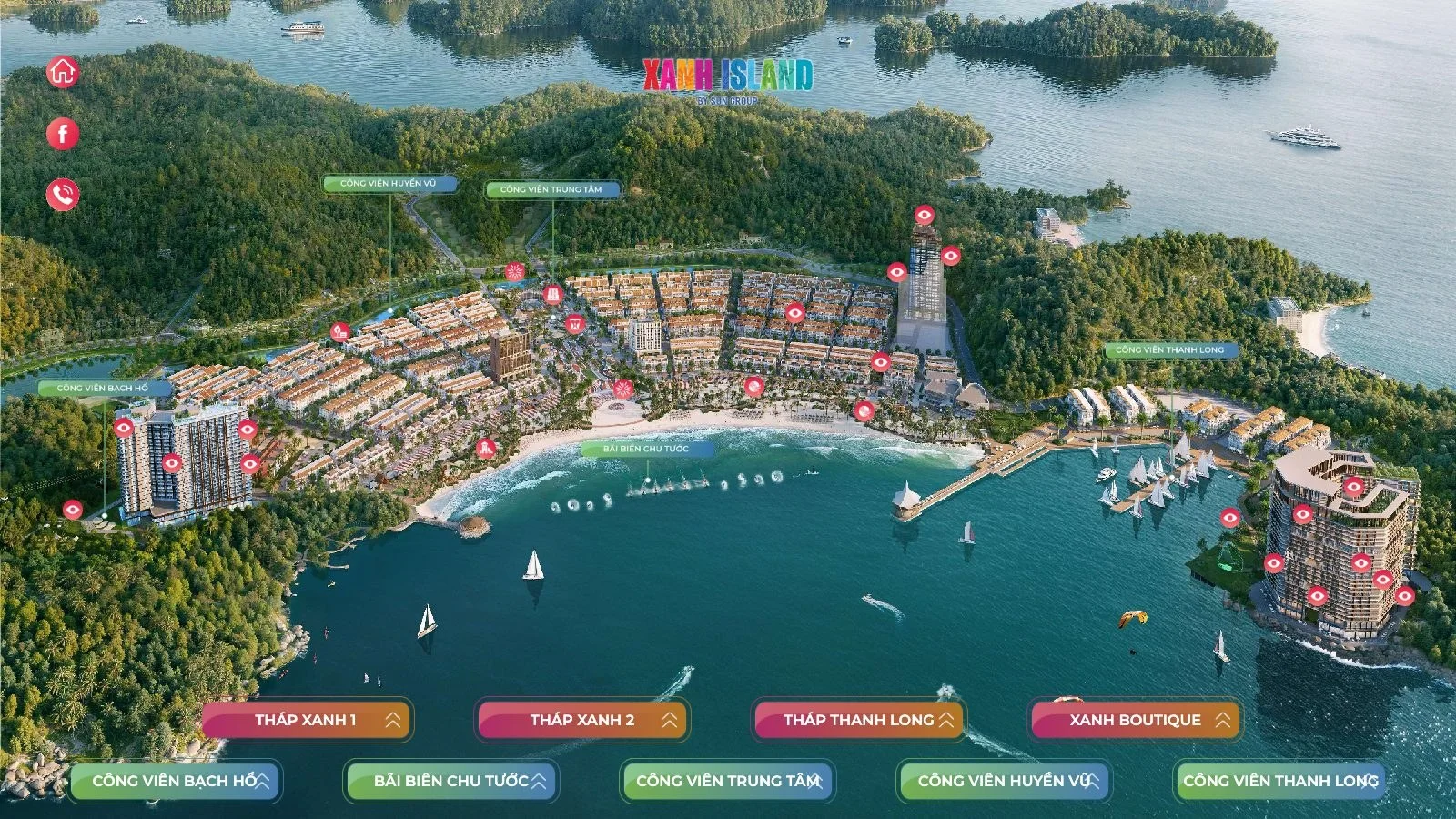 Sa bàn 2D tour 360 Xanh Island Cát Bà với pin công viên, tháp và phân khu