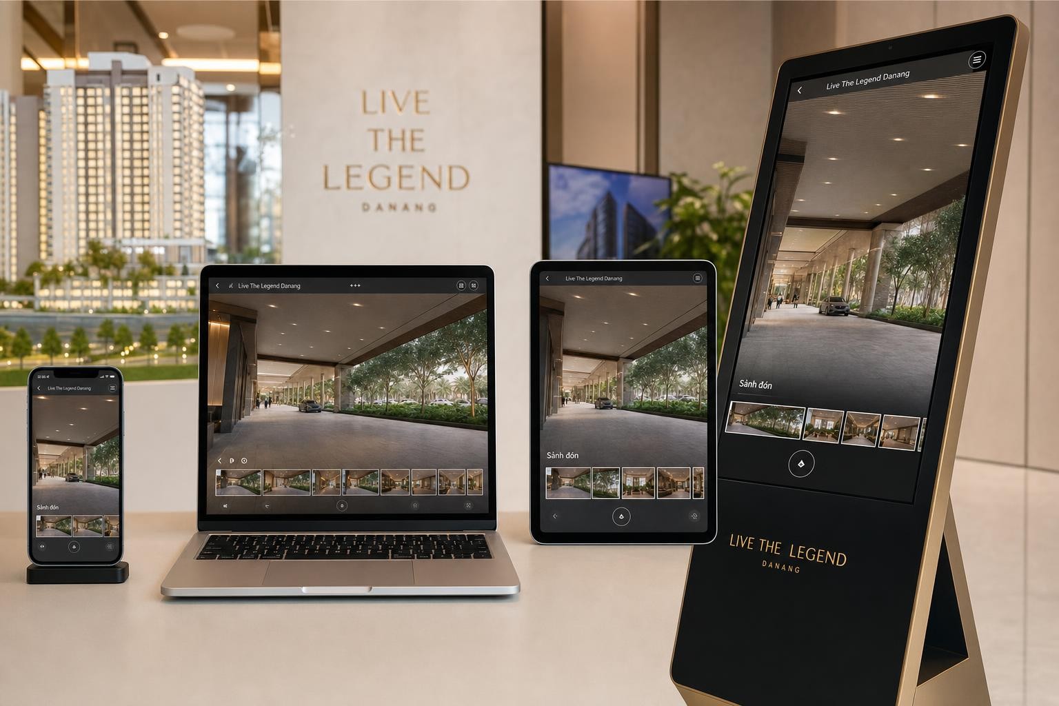 Cùng một tour VR360 trên smartphone laptop tablet và màn Sales Gallery