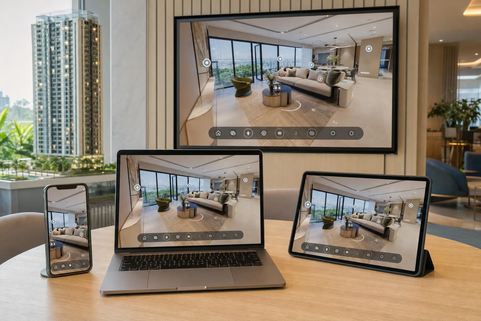 Cùng một tour VR360 trên điện thoại, laptop, tablet và màn hình Sales Gallery