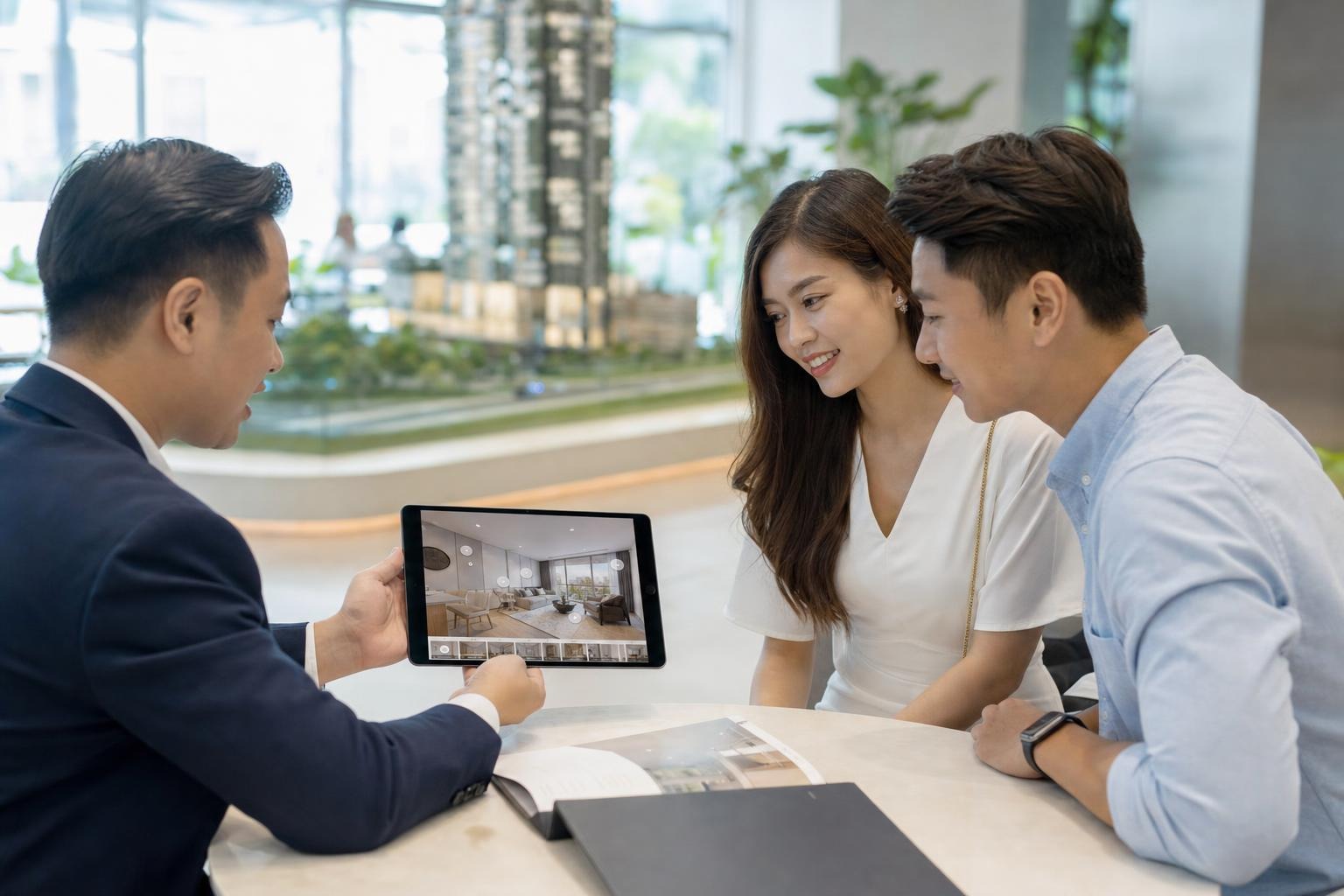 Sales tư vấn khách hàng bằng tablet mở tour VR360 tại nhà mẫu
