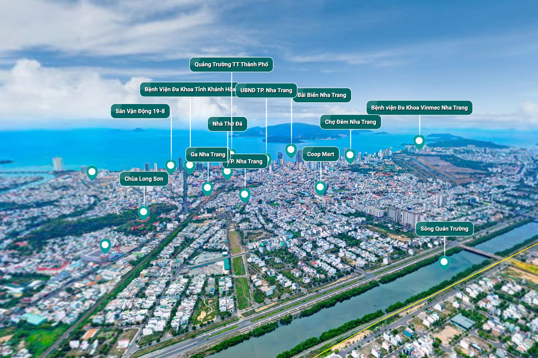View thực tế từ flycam 360 Nha Trang với nhãn khoảng cách đến tiện ích vùng